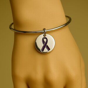 Vantel Pearls Silver Bracelet w/ Purple Awareness Ribbon Charm – 7.5" Jewelry